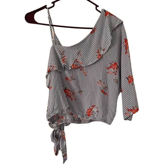 Forever 21 asymmetrical ruffle blouse top S striped floral blue and white - Picture 3 of 4